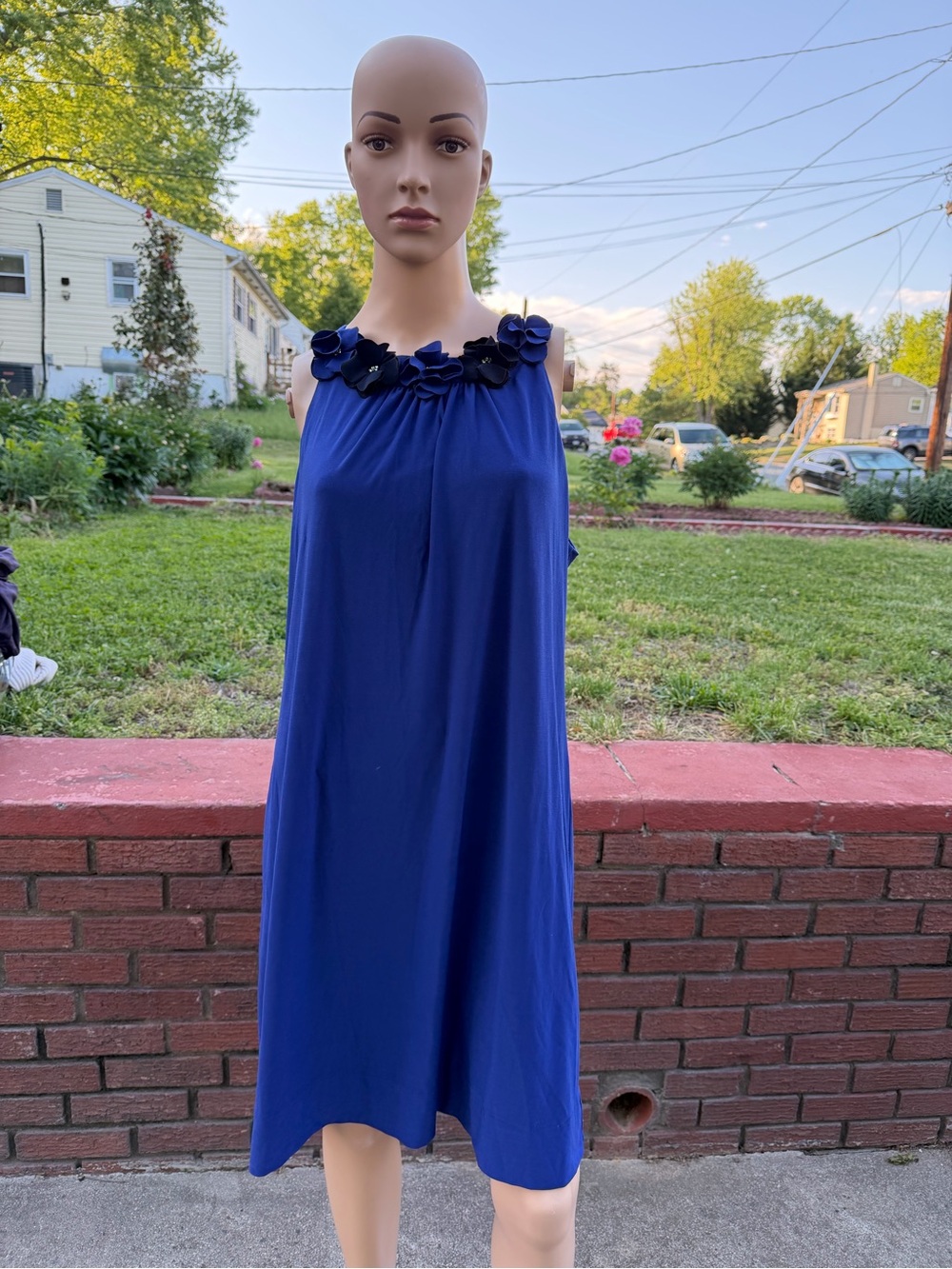 dressbarn Royal Blue Sleeveless Floral-Trim A-Line Dress
